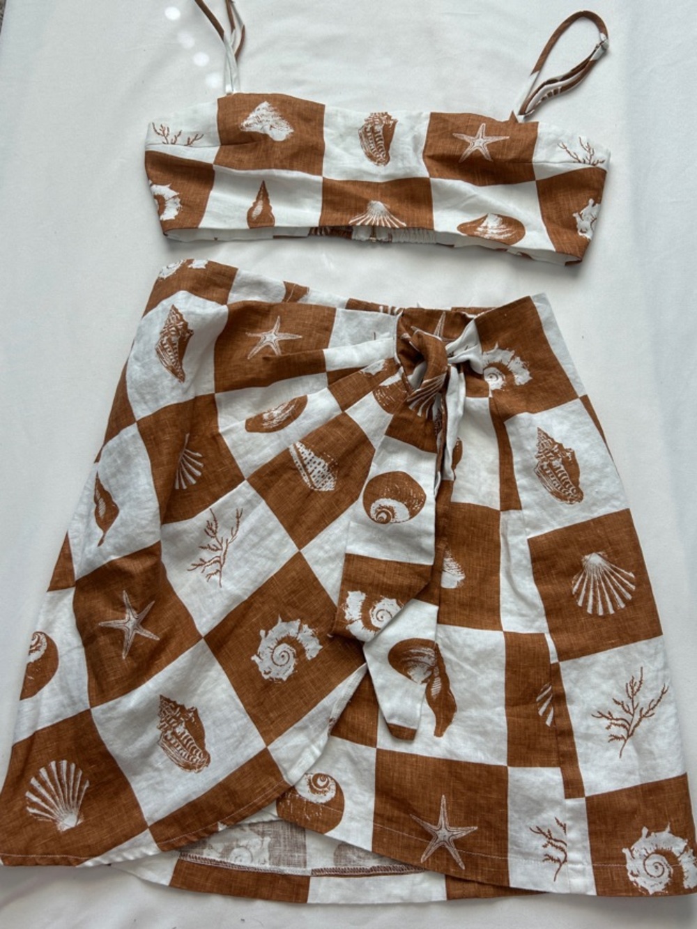 DISSH Brown and White Checker Shell-Print Mini Skirt and Crop top set